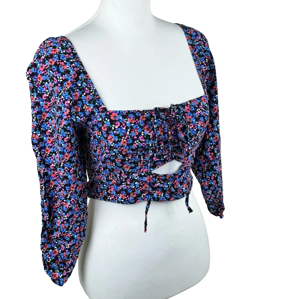 Zara Colorful Floral Convertible Halter 3/4 Sleeve Off Shoulder Crop Top Medium